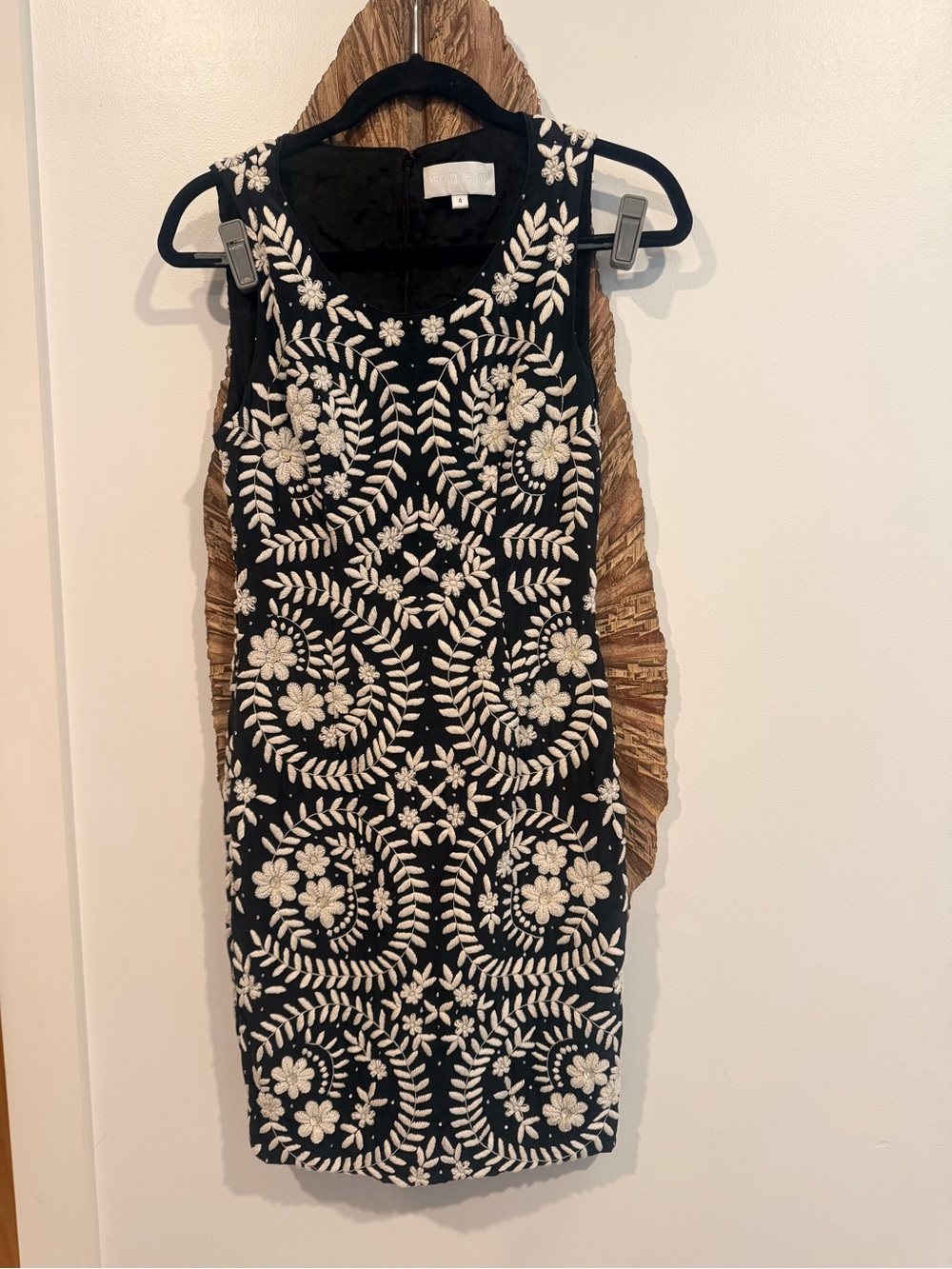 Stunning Mikael Aghal Black Dress with White Floral Embroidery Size 4